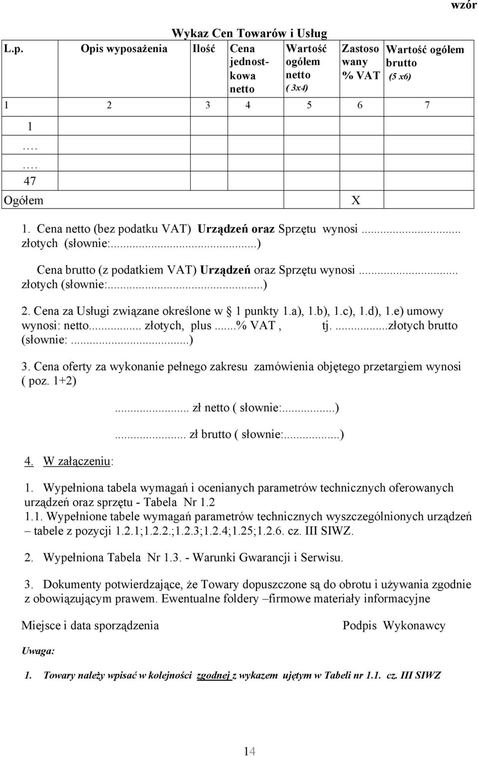 Cena za Usługi związane określone w 1 punkty 1.a), 1.b), 1.c), 1.d), 1.e) umowy wynosi: netto... złotych, plus...% VAT, tj....złotych brutto (słownie:...) 3.