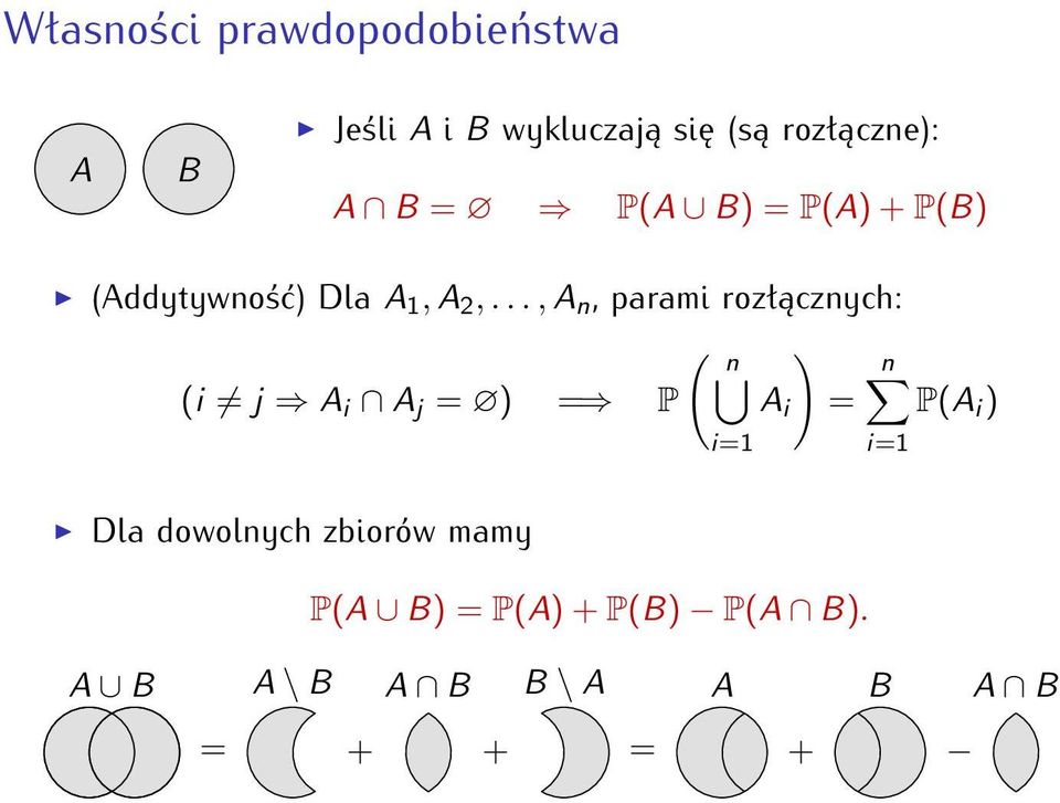 .., A n, parami rozłącznych: ( n ) n (i j A i A j = ) = P A i = P(A i ) i=1