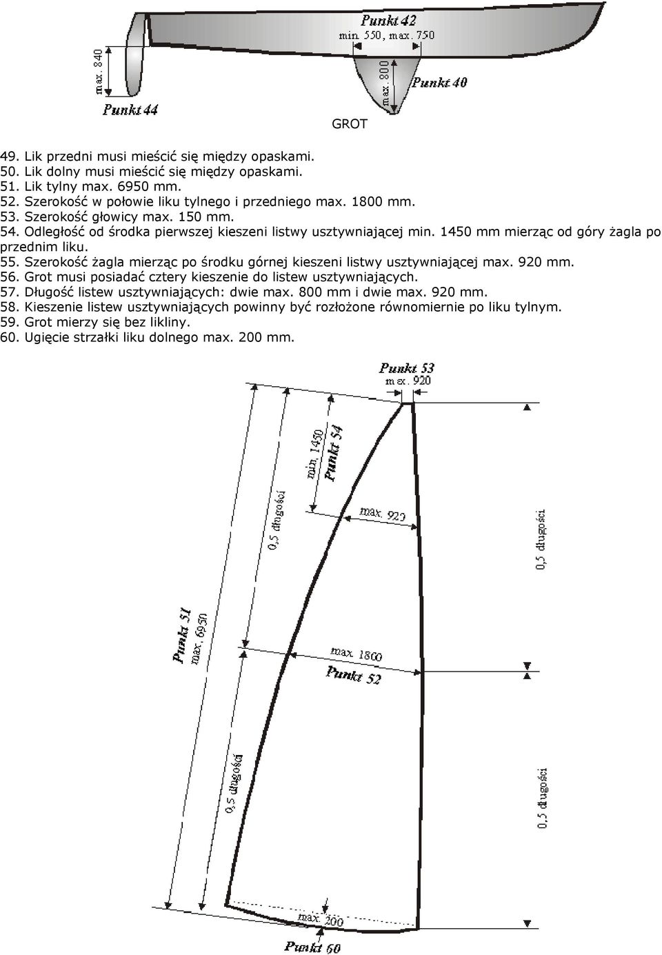 Szerokość żagla mierząc po środku górnej kie zeni li twy u ztywniającej max. 920 mm. 56. Grot mu i po iadać cztery kie zenie do li tew u ztywniających. 57.