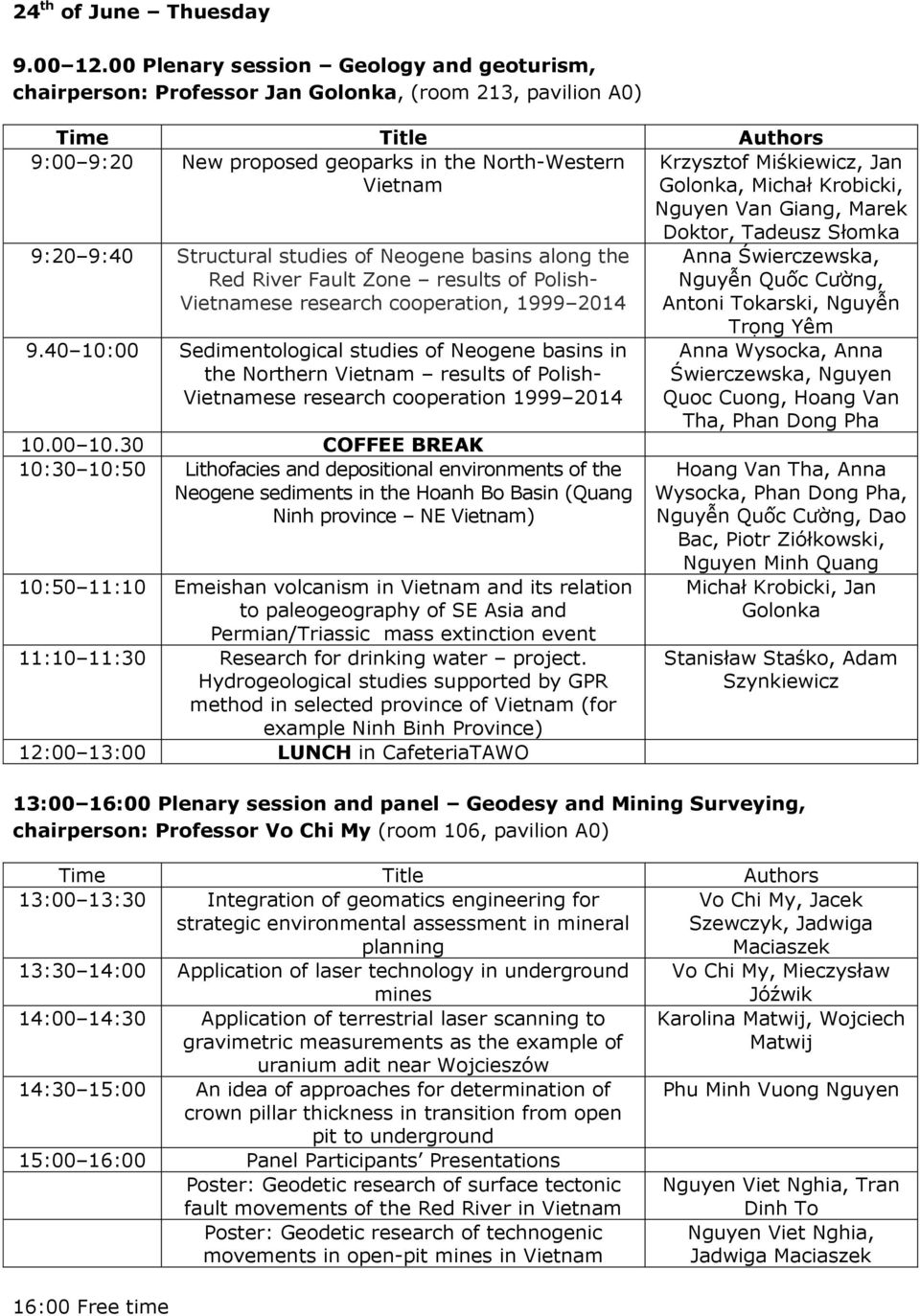 Krobicki, Nguyen Van Giang, Marek 9:20 9:40 Structural studies of Neogene basins along the Red River Fault Zone results of Polish- ese research cooperation, 1999 2014 9.