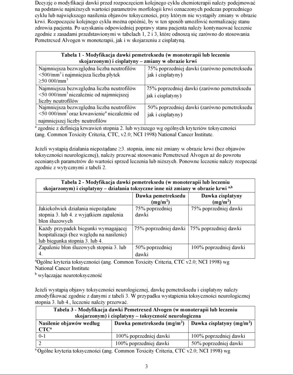 Po uzyskaniu odpowiedniej poprawy stanu pacjenta należy kontynuować leczenie zgodnie z zasadami przedstawionymi w tabelach 1, 2 i 3, które odnoszą się zarówno do stosowania Pemetrexed Alvogen w