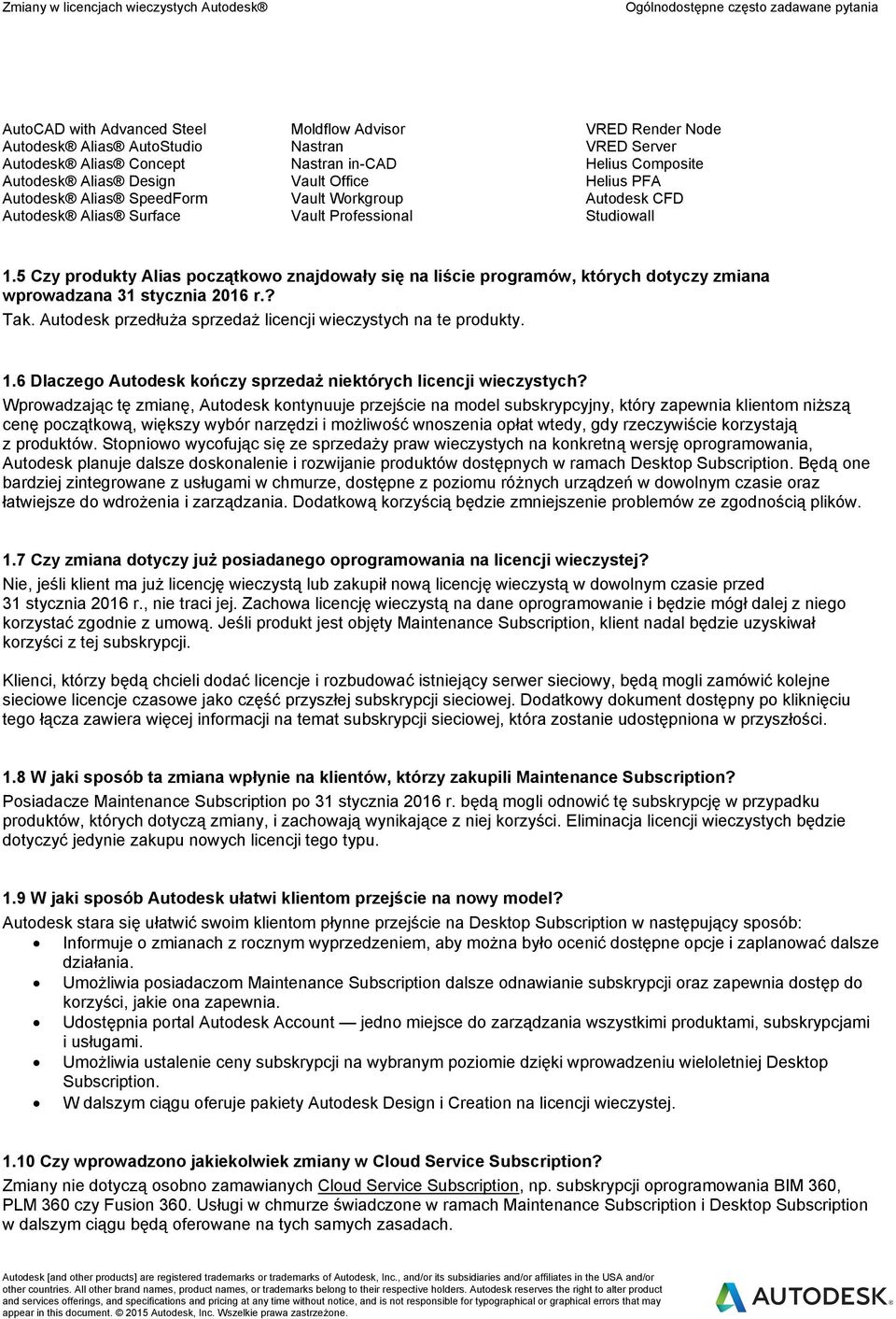 5 Czy produkty Alias początkowo znajdowały się na liście programów, których dotyczy zmiana wprowadzana 31 stycznia 2016 r.? Tak. Autodesk przedłuża sprzedaż licencji wieczystych na te produkty. 1.