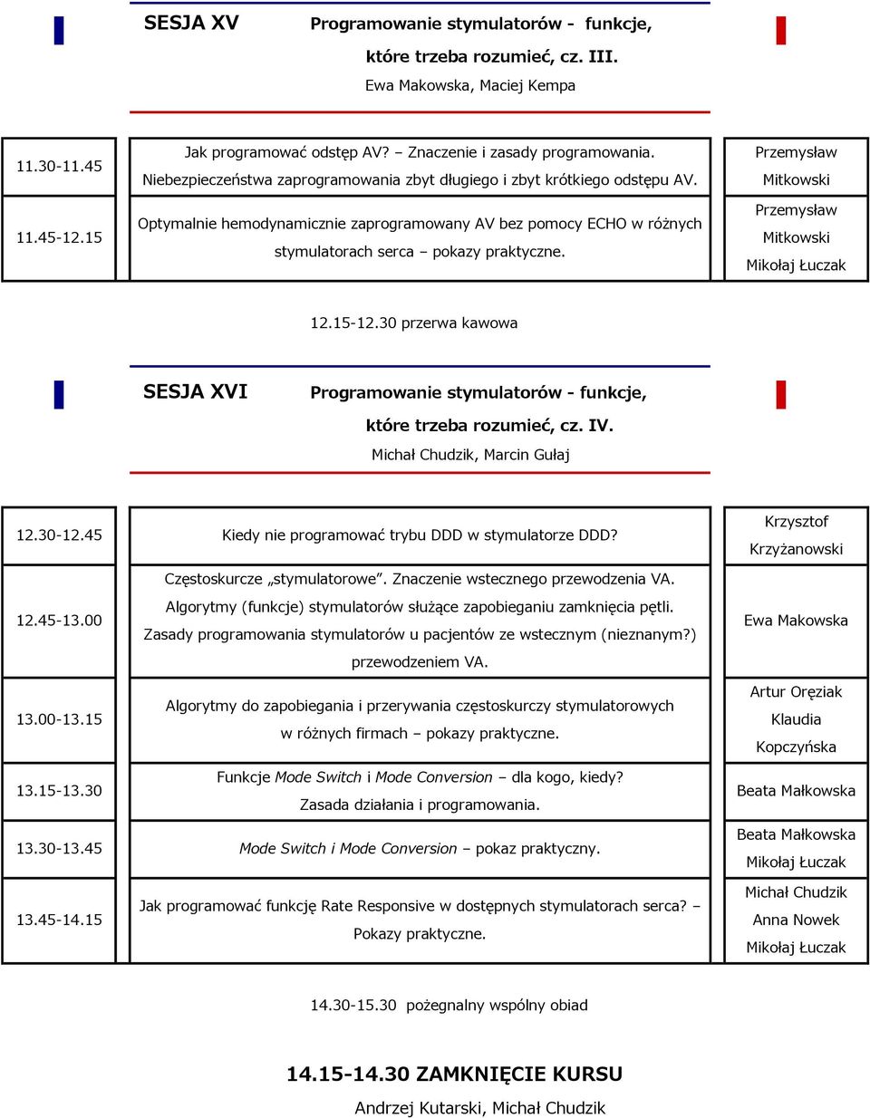 Przemysław Mitkowski Przemysław Mitkowski 12.15-12.30 przerwa kawowa SESJA XVI Programowanie stymulatorów - funkcje, które trzeba rozumieć, cz. IV. Michał Chudzik, Marcin Gułaj 12.30-12.