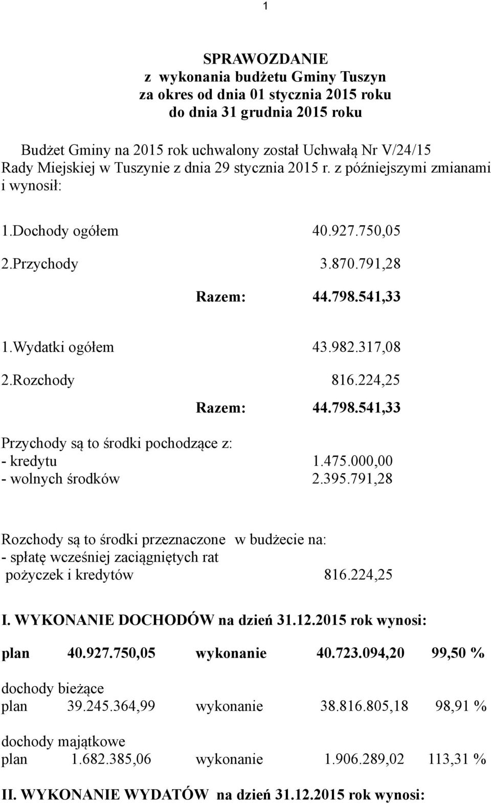 224,25 Razem: 44.798.541,33 Przychody są to środki pochodzące z: - kredytu 1.475.000,00 - wolnych środków 2.395.