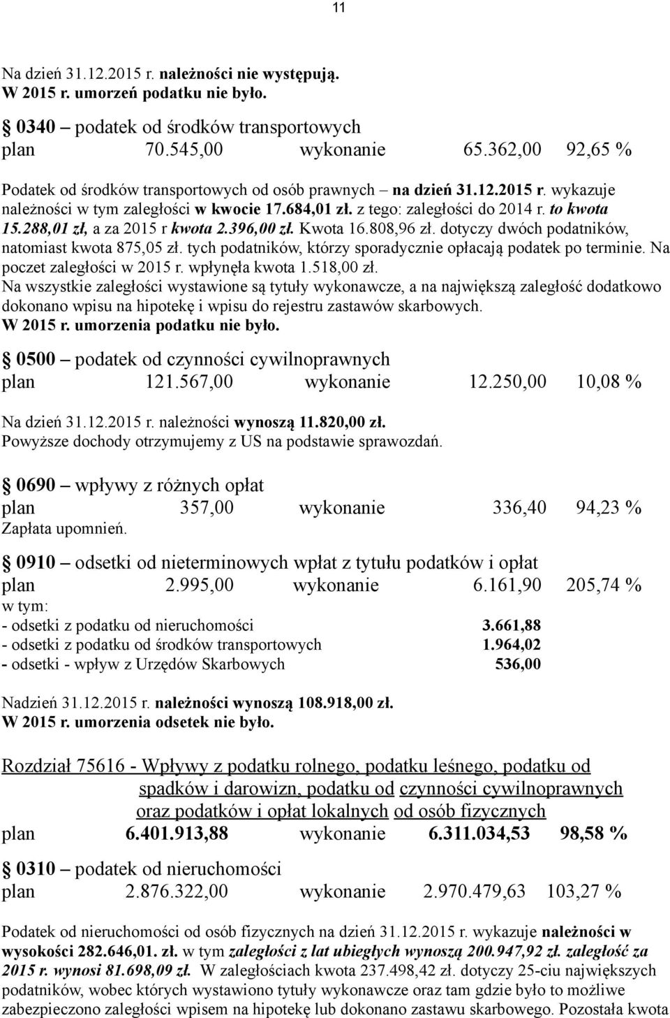 288,01 zł, a za 2015 r kwota 2.396,00 zł. Kwota 16.808,96 zł. dotyczy dwóch podatników, natomiast kwota 875,05 zł. tych podatników, którzy sporadycznie opłacają podatek po terminie.