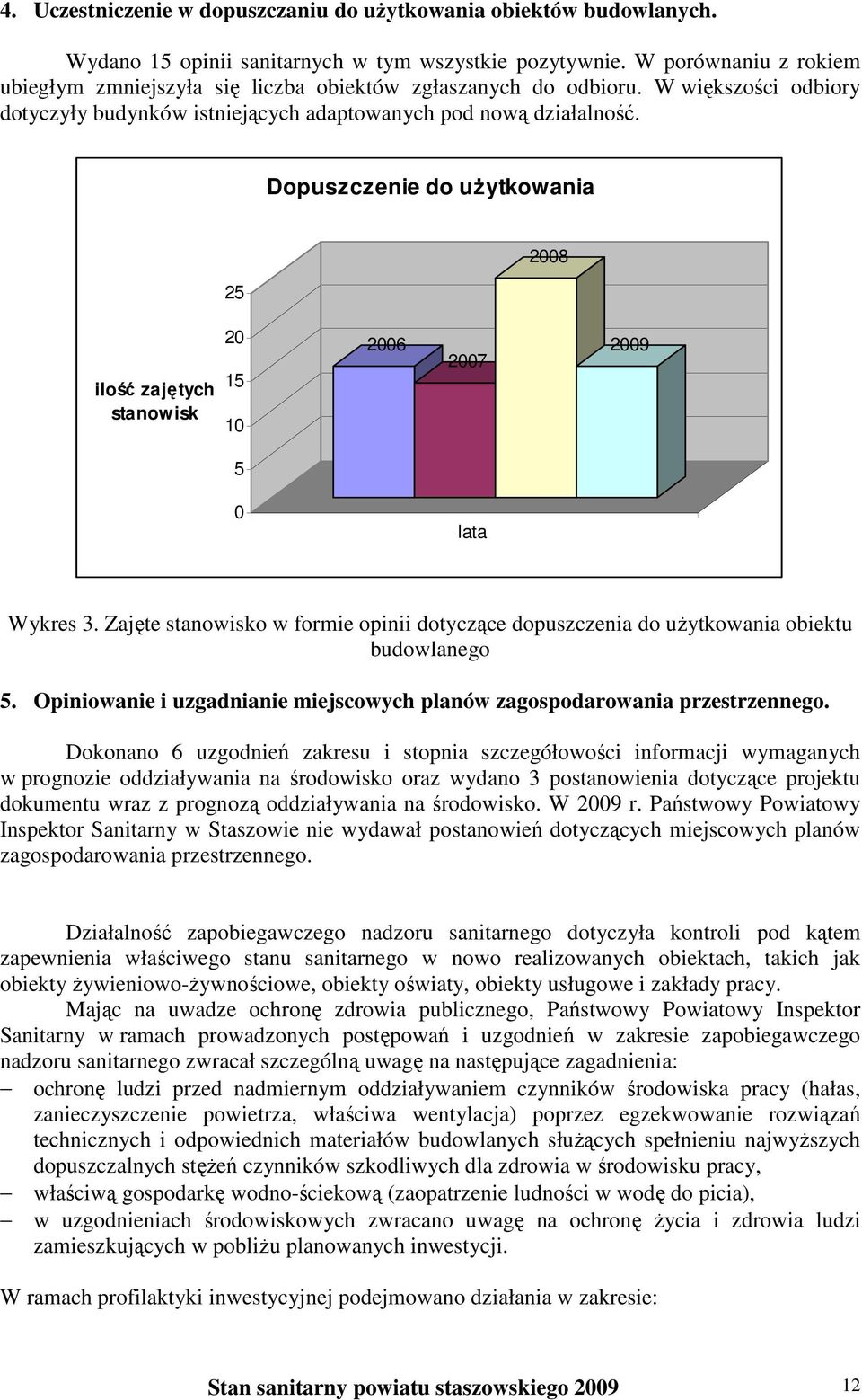 Dopuszczenie do użytkowania 25 2008 ilość zajętych stanowisk 20 15 10 2006 2007 2009 5 0 lata Wykres 3. Zajęte stanowisko w formie opinii dotyczące dopuszczenia do użytkowania obiektu budowlanego 5.