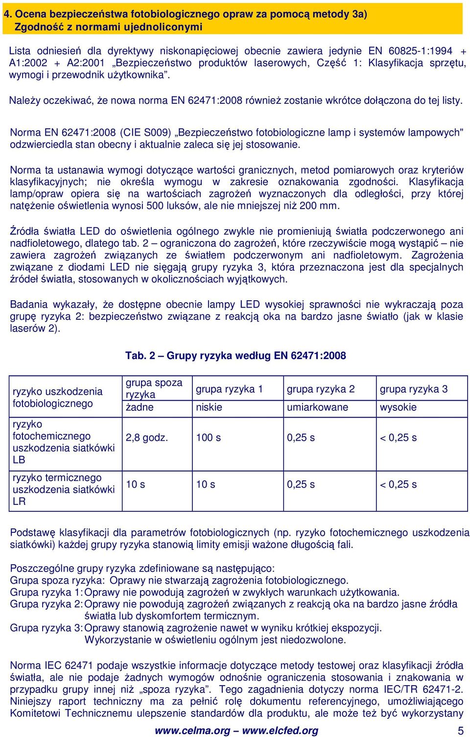 NaleŜy oczekiwać, Ŝe nowa norma EN 62471:2008 równieŝ zostanie wkrótce dołączona do tej listy.