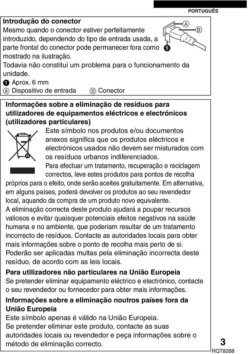 6 mm A Dispositivo de entrada B Conector PORTUGUÊS B Informações sobre a eliminação de resíduos para utilizadores de equipamentos eléctricos e electrónicos (utilizadores particulares) Este símbolo