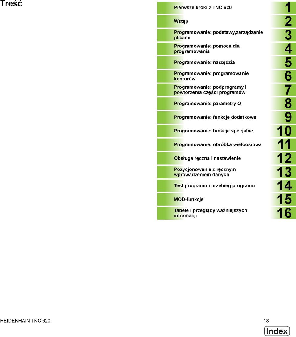 Programowanie: funkcje dodatkowe 9 Programowanie: funkcje specjalne 10 Programowanie: obróbka wieloosiowa 11 Obsługa ręczna i nastawienie 12