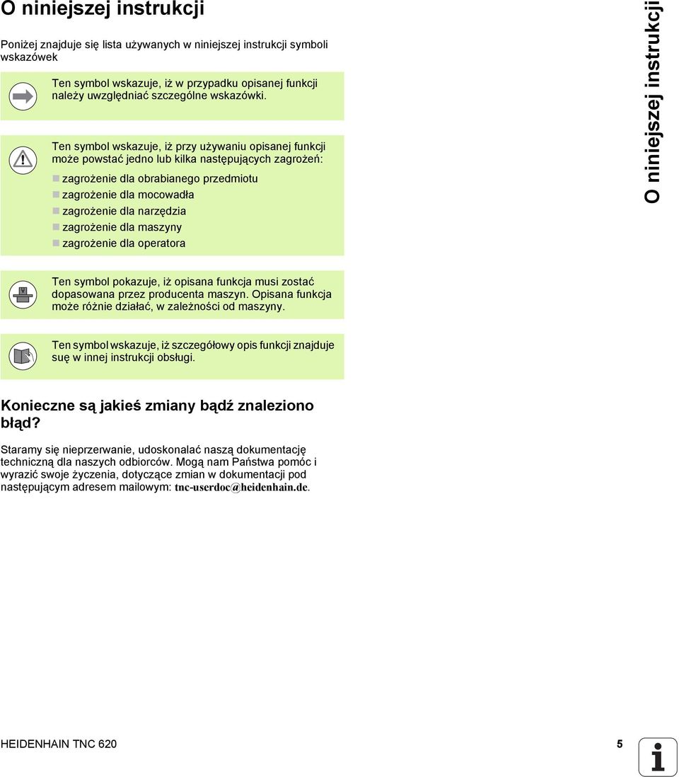 zagrożenie dla maszyny zagrożenie dla operatora O niniejszej instrukcji Ten symbol pokazuje, iż opisana funkcja musi zostać dopasowana przez producenta maszyn.