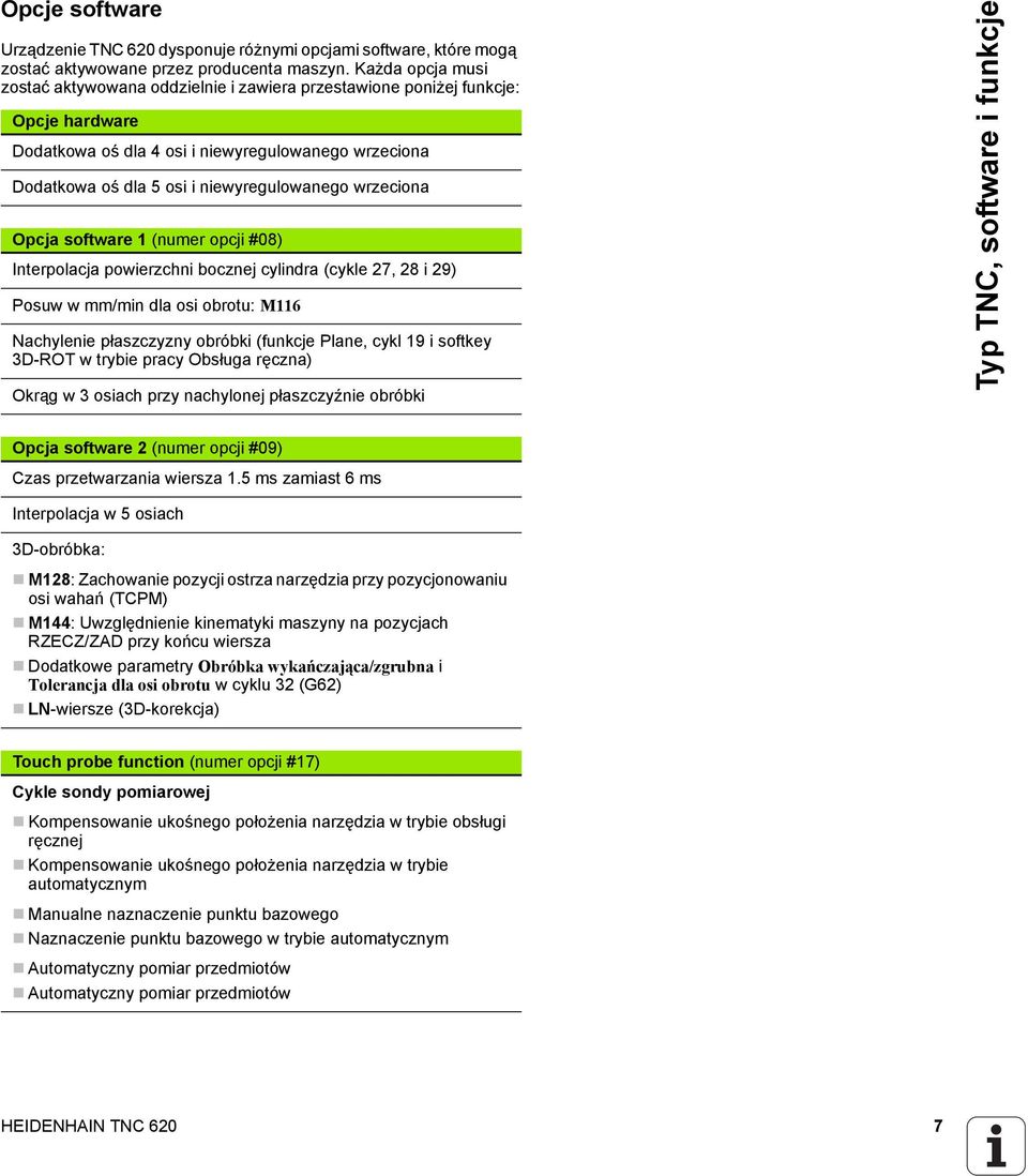 wrzeciona Opcja software 1 (numer opcji #08) Interpolacja powierzchni bocznej cylindra (cykle 27, 28 i 29) Posuw w mm/min dla osi obrotu: M116 Nachylenie płaszczyzny obróbki (funkcje Plane, cykl 19 i