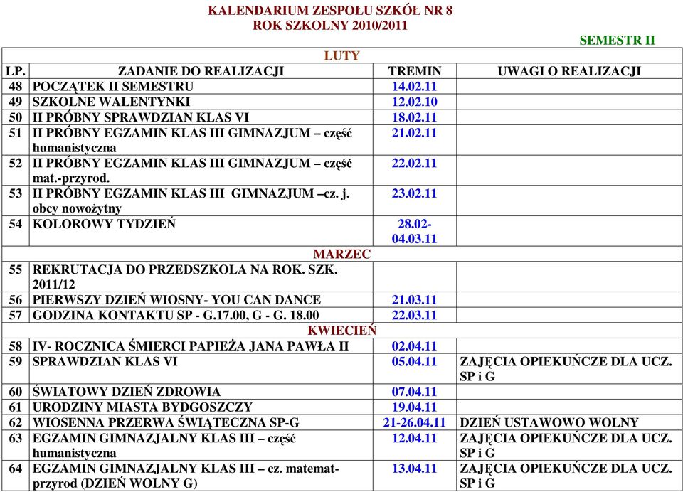 02-04.03.11 MARZEC 55 REKRUTACJA DO PRZEDSZKOLA NA ROK. SZK. 2011/12 56 PIERWSZY DZIEŃ WIOSNY- YOU CAN DANCE 21.03.11 57 GODZINA KONTAKTU SP - G.17.00, G - G. 18.00 22.03.11 KWIECIEŃ 58 IV- ROCZNICA ŚMIERCI PAPIEŻA JANA PAWŁA II 02.