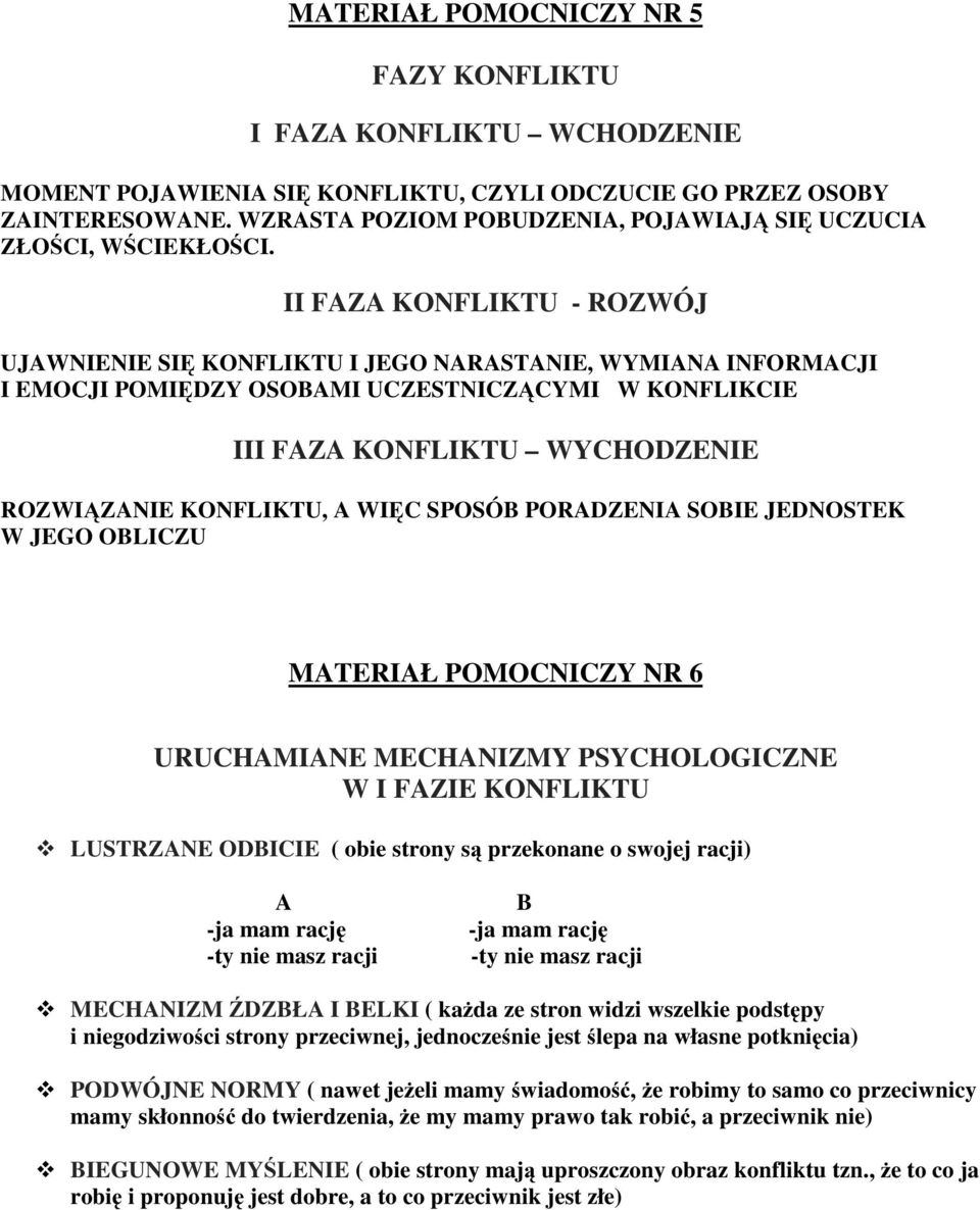 II FAZA KONFLIKTU - ROZWÓJ UJAWNIENIE SIĘ KONFLIKTU I JEGO NARASTANIE, WYMIANA INFORMACJI IEMOCJIPOMIĘDZY OSOBAMI UCZESTNICZĄCYMI W KONFLIKCIE III FAZA KONFLIKTU WYCHODZENIE ROZWIĄZANIE KONFLIKTU, A