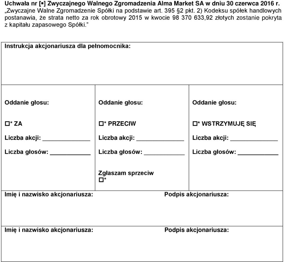 2) Kodeksu spółek handlowych postanawia, że strata netto za