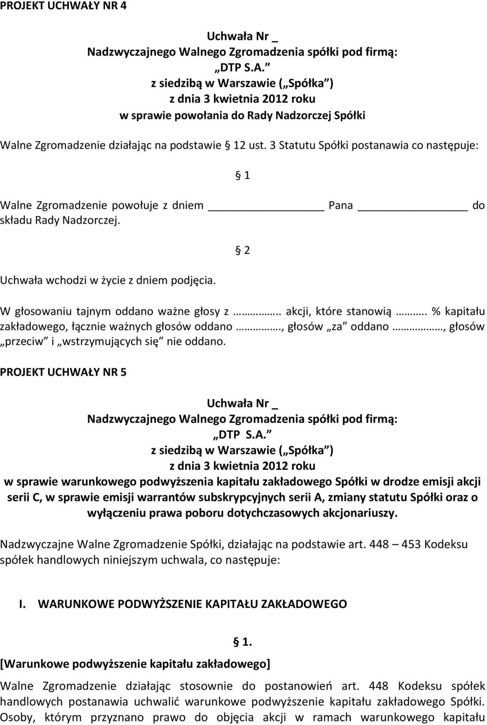 . akcji, które stanowią.. % kapitału zakładowego, łącznie ważnych głosów oddano., głosów za oddano, głosów przeciw i wstrzymujących się nie oddano.