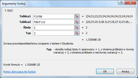 W MS EXCEL wykonujemy następujące obliczenia: Test F =F.TEST(E2:E88;E89:E115) 0.745031382 0.