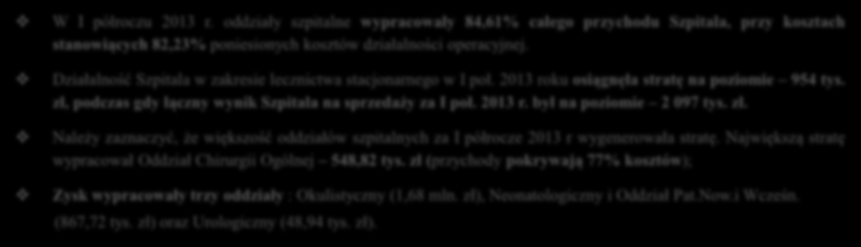 Analiza działalności szpitalnej Oddziały Szpitalne Analiza przychodów i kosztów W I półroczu 2013 r.