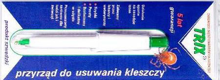 TRIX - sposób użycia: 1. Wysuń pętelkę i umieść ją na kleszczu możliwie najbliżej skóry. Przybliż zieloną końcówkę do kleszcza i do skóry. Zwolnij przycisk. 2.