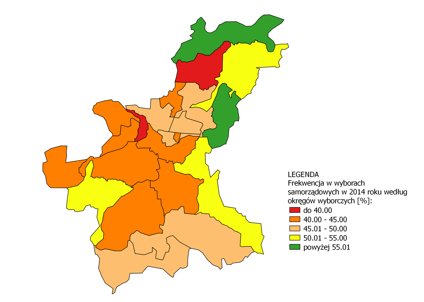 Strona 16 Gminny Program Rewitalizacji Miasta Wieliczka na lata 2016-2023 Mapa 3. Frekwencja w wyborach samorządowych według okręgów wyborczych. Źródło: opracowanie własne.