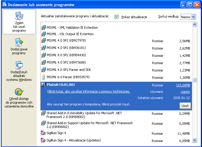 Rysunek 30. Okno dialogowe: Dodaj/Usuń programy 5. Na ekranie pojawi się okno dialogowe Instalator programu Płatnik 10.01.