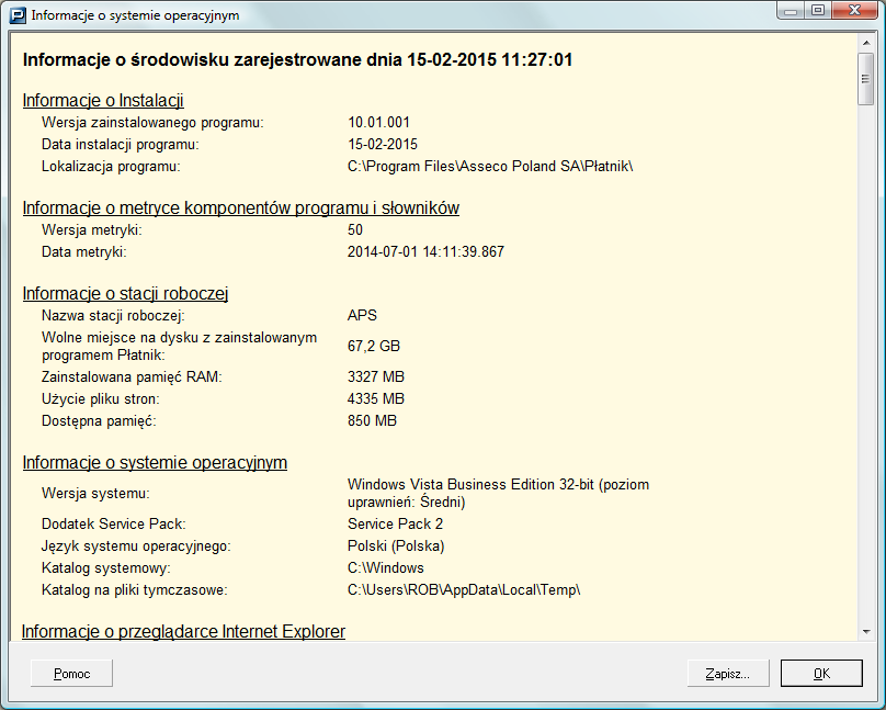 4.4 Stan systemu Funkcja pozwala na wyświetlenie informacji o środowisku, w jakim pracuje program PŁATNIK.