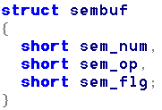 Struktura sembuf Struktura sembuf: sem_num numer semafora w grupie, sem_op rodzaj operacji: >0 zwiększenie licznika, <0 zmniejszenie licznika (z ew.