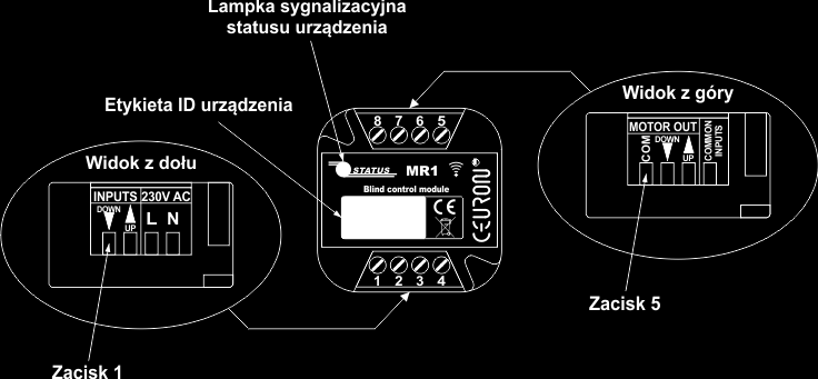 Rys. 2. Elewacja przednia urządzenia oraz rozmieszczenie zacisków łączeniowych.