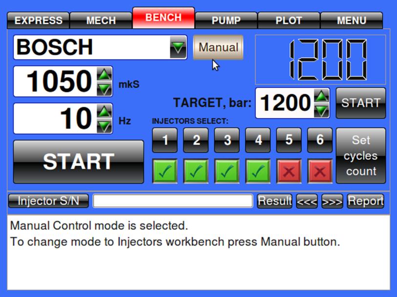 CR injector testing on test bench Tryb testu Ciśnienie znamionowe Ciśnienie rzeczywiste Typ wtryskiwacza Start/stop (pressure) Szerokość impulsu Czestotliwść Start/Stop (injector) Przycisk selekcji