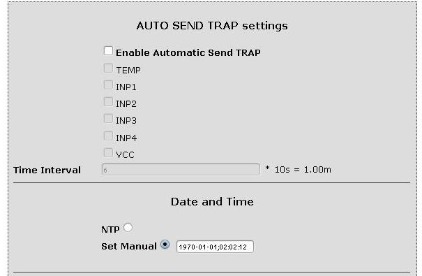 Nazwa użytkownika i hasło dostępu do modułu. Można wyłączyć autoryzację. Ustawienia serwera NTP, Time Interwal - okres w minutach co jaki będzie synchronizowany czas z serwerem.
