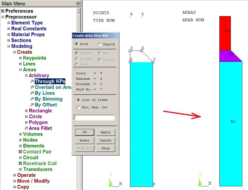 2): Preprocessor> Modeling>Create>Keypoint> In Active CS. X=180, Y=1500 X=180, Y=1200 X=280, Y=1500 X=280, Y=1200 X=380, Y=1100 X=180, Y=1100 X=180, Y=0 X=380, Y=0 Rys.2. Utworzenie punktów geometrii B.