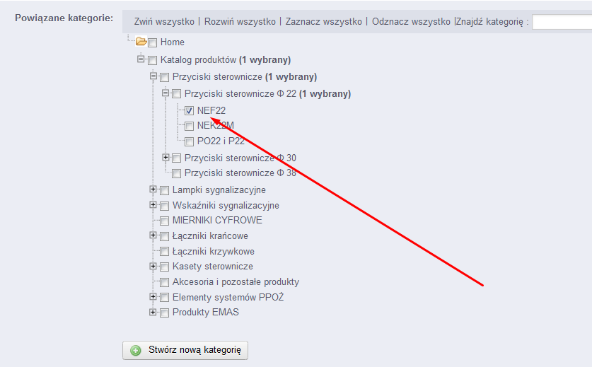 Ważne, aby oznaczyć tylko ostatni rząd kategorii, do której należy dany produkt.