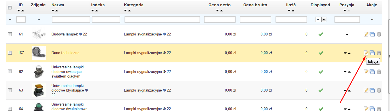 W tym celu klikamy przy wybranym produkcie ikonkę Edycji.