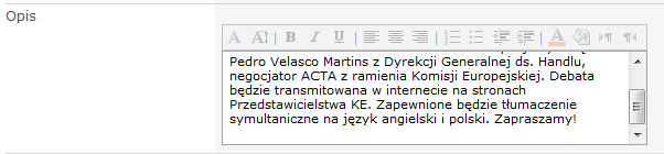 W pole OPIS (Rys. 15) wpisz krótki opis wydarzenia, np.: Rys. 15 Pole WYDARZENIE CAŁODZIENNE (Rys. 16) służy do zaznaczenia wydarzenia trwającego cały dzień. Rys. 16 Pole CYKL (Rys.