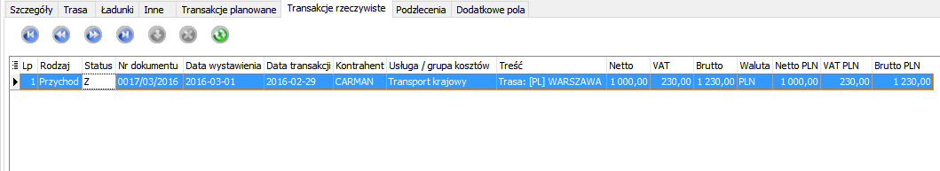 Zakładka transakcje rzeczywiste.