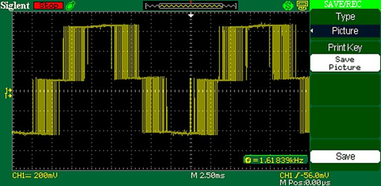 Rys. 4.1 Wybrane charakterystyki uzyskane na stanowisku. Dokonano także pomiarów napięć i prądów silnika za pomocą oscyloskopu cyfrowego. Wybrany wynik pomiaru przedstawia Rys. 4.2. Rys. 4.2 Przebieg napięcia na uzwojeniach silnika podczas pracy przy częstotliwości 50 Hz bez obciążenia.