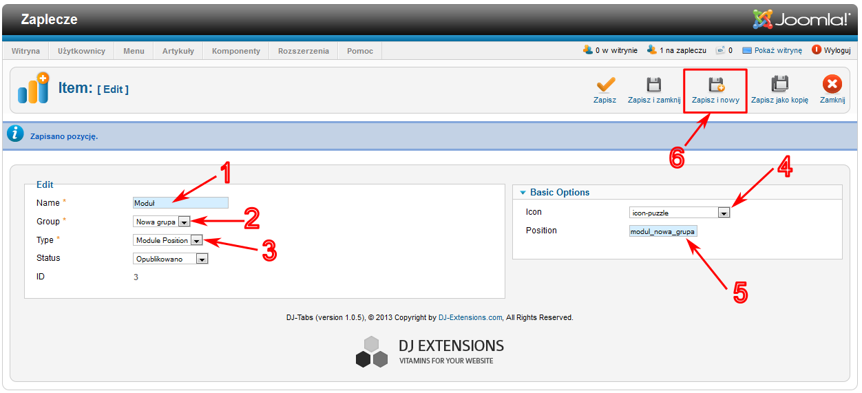 Dodaj nową zawartość zakładek (kart) w komponencie DJ-Tabs - Sławomir Pieszczek Na koniec kliknij przycisk Zapisz i nowy, aby zapisać wprowadzone zmiany i utworzyć kolejną zakładkę.
