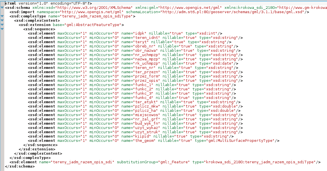 Rysunek 9 Przykład wynikowego dokumentu operacji DescribeFeatureType 6.3 WFS GetFeature Jest to podstawowa operacja usługi WFS. Zwraca ona dokument GML zawierający obiekty należące do wskazanej klasy.