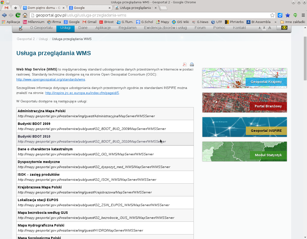 Rysunek 13 wykaz usług przeglądania WMS geoportal.gov.