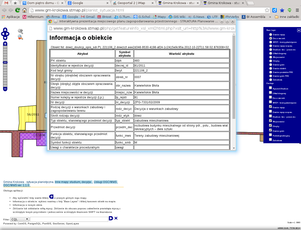 Rysunek 21 Informacja o obiekcie po wykonaniu operacji GetFeatureInfo Oparcie aplikacji na bibliotece OpenLayers, która obsługuje funkcjonalność WMS, powoduje, że jest możliwe