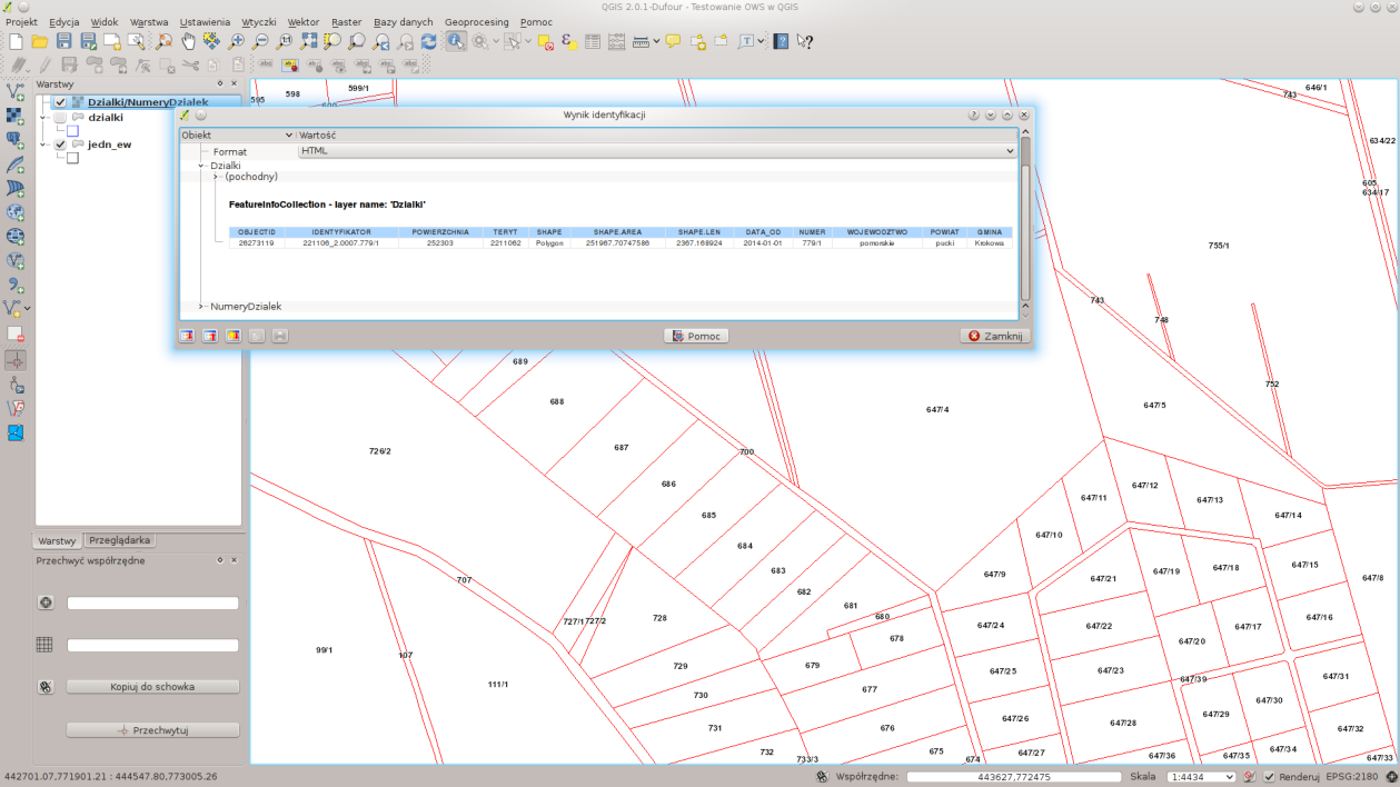 QGIS obsługuje większość operacji WMS, w tym GetFeatureInfo. Używa do tego trybu identyfikacji obiektów.