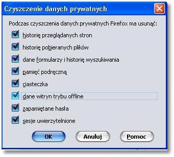 Rozdział 13 Konf iguracja przeglądarki Firef ox 3.0 W opcji Bezpieczeństwo należy: w sekcji Hasła odznaczyć parametry: Pamiętaj hasła do witryn oraz wybrać przycisk [OK].