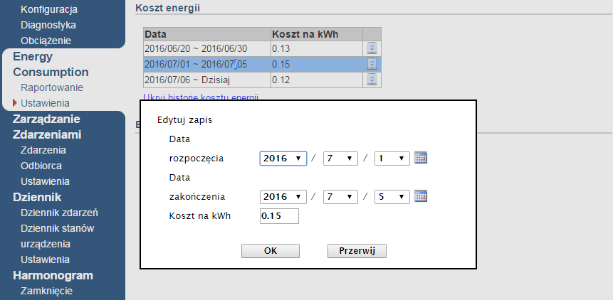 Koszt energii Ponieważ wskaźnik zużycia energii zmienia się w czasie, dlatego zastosowano możliwość aktualizacji przez użytkownika wskaźnika, zgodnie z zastosowanymi okresami czasu.