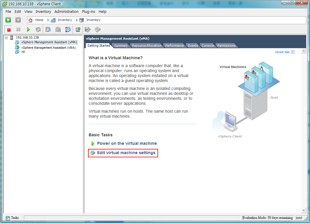 Launch vsphere Client to click edit virtual machine settings to the target