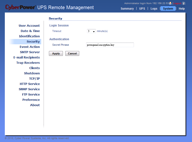 Hasło uwierzytelniania na stronie System/Security w UPS RMCARD202 Uwaga: jeżeli wersja firmware RMCARD202 jest wcześniejsza od 1.1 (z wyłączeniem 1.