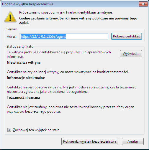 Firefox wyświetla komunikat że certyfikat bezpieczeństwa jest nieznany.