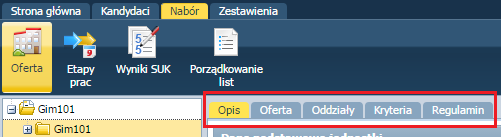 Aby uzupełnić opis jednostki, należy: Przejść na kartę Jednostki w prawym panelu pojawią się dostępne do edycji karty: Opis, Oferta, Oddziały, Kryteria, Regulamin.