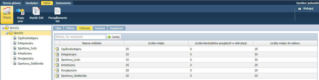 Pole Szczególny typ oddziału zawiera dostępne opcje do wyboru: Ogólnodostępny, Integracyjny część ogólnodostępna, Integracyjny część dla kandydatów z orzeczeniem, Międzynarodowy, Dwujęzyczny,