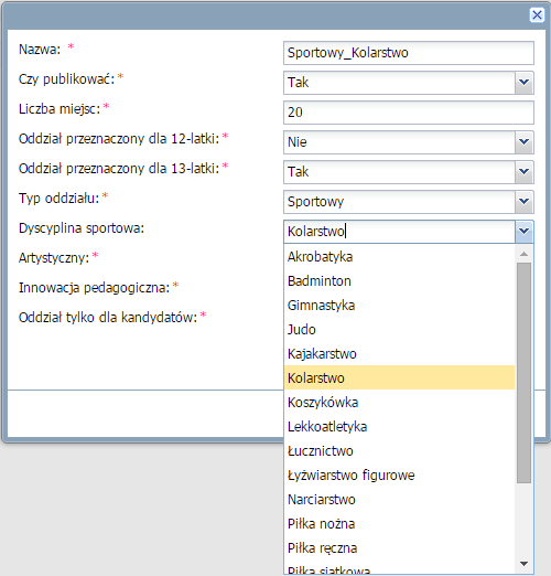 Dodawanie oddziału o typie sportowym (opcjonalnie) Jeśli szkoła zamierza prowadzić rekrutację do oddziałów o typie sportowym, konieczne jest także dodanie ich do oferty jednostki.