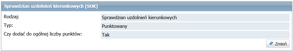 Po utworzeniu oddziału sportowego należy w opisie oddziału uzupełnić informacje w sekcji dotyczącej sprawdzianu uzdolnień kierunkowych (SUK). W tym celu należy: Wybrać w menu pozycje: Nabór/Oferta.