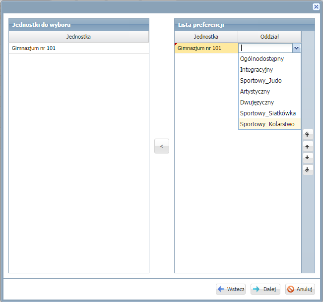 W kolejnym kroku dodawania kandydata należy uzupełnić listę preferencji, czyli wskazać oddziały, do których kandydat ubiega się o przyjęcie.